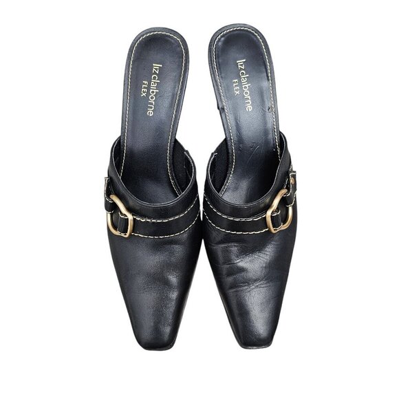 Liz Claiborne Flex Black Leather Buckle Slide Dressy Heel Mules Shoes - Picture 4 of 11